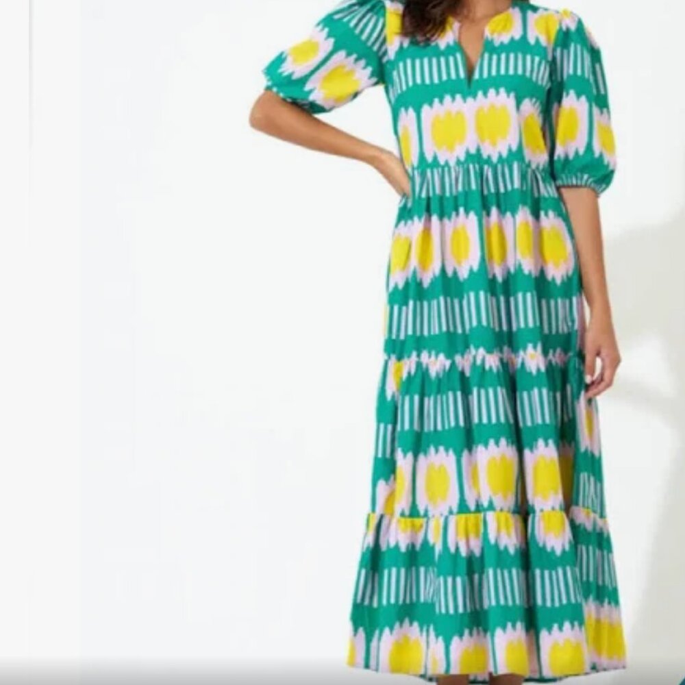Oliphant V Neck Ikat Green Maxi Dress with Puff Sleeves